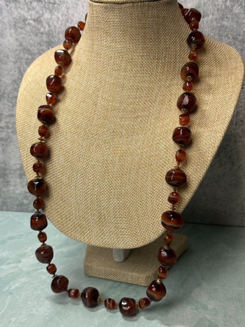 Vintage Carnelian Agate Long Large Stone Necklace Capped with Gold